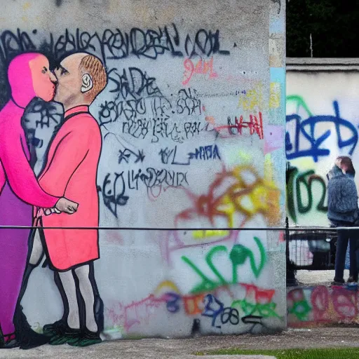 Image similar to Vladimir Putin and Sergey Lavrov kissing, kiss on the berlin wall graffiti, 8k