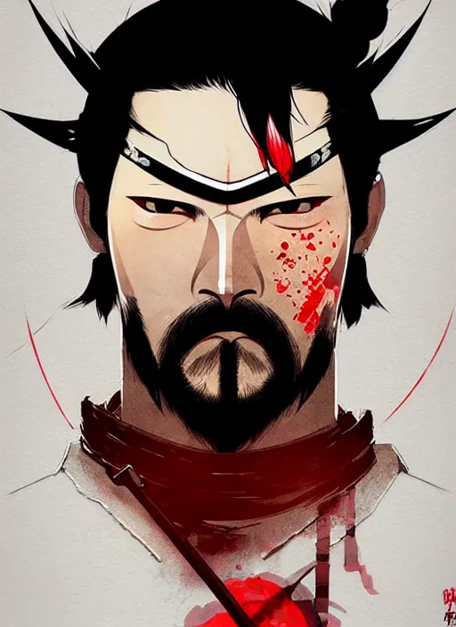 Image similar to highly detailed closeup portrait of xiahou dun with eyepatch, mudoken, by atey ghailan, by greg rutkowski, by greg tocchini, by james gilleard, by joe fenton, by kaethe butcher, gradient red, black, brown and white color scheme, grunge aesthetic!!! white graffiti tag wall background