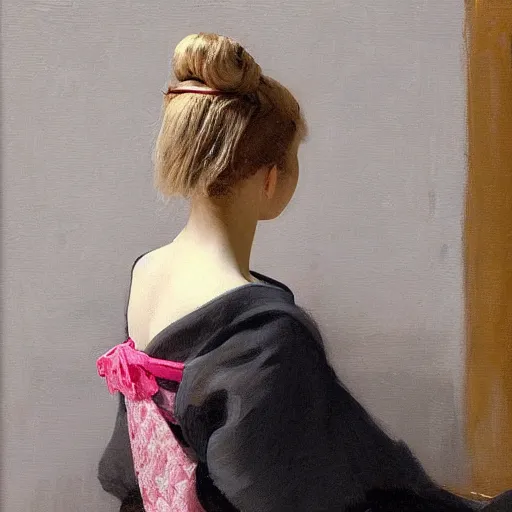 Prompt: girl with pigtails, in kimono, backview, sitting on edge of bed, by jeremy lipking, tim rees, joseph todorovitch