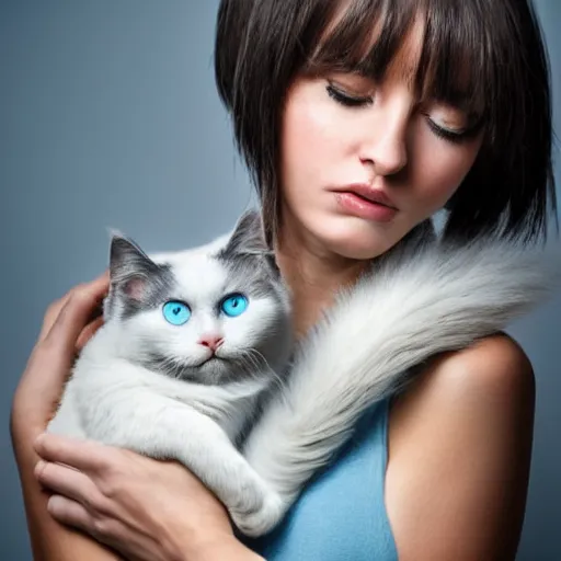 Image similar to A beautiful woman with light blue short messy hair with bangs holding a grey and white cat, full body portrait, highly detailed, excellent composition, dramatic lighting, realistic 4k