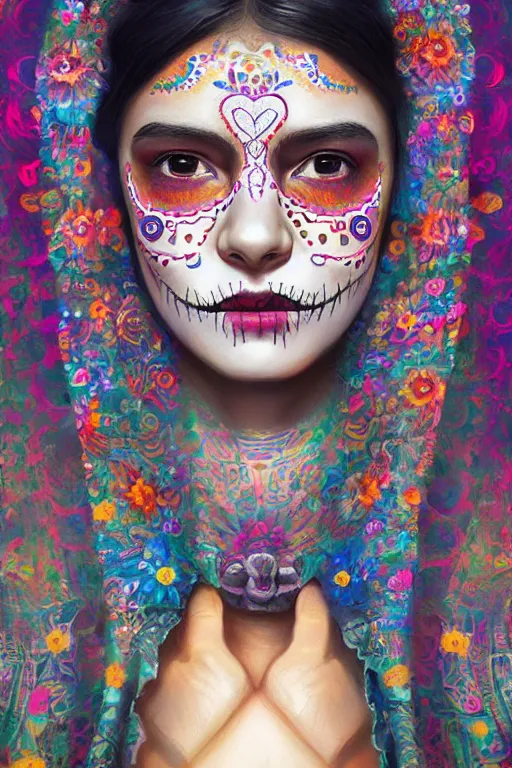 Image similar to portrait of mexican girl girl with colorful day of the dead patterns, staring directly into camera, intricate, elegant, glowing lights, highly detailed, digital painting, artstation, sharp focus, illustration, art by wlop, mars ravelo and greg rutkowski