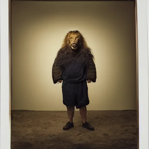Image similar to portrait of lion - human hybrid, by annie leibovitz, portrait of a man, studio lighting
