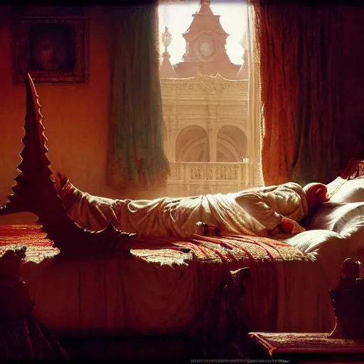 Image similar to the pope is in his bed, terrified, because a double horned shadow demon is in the wallpaper of the bedroom. highly detailed painting by gaston bussiere, greg rutkowski, craig mullins 8 k