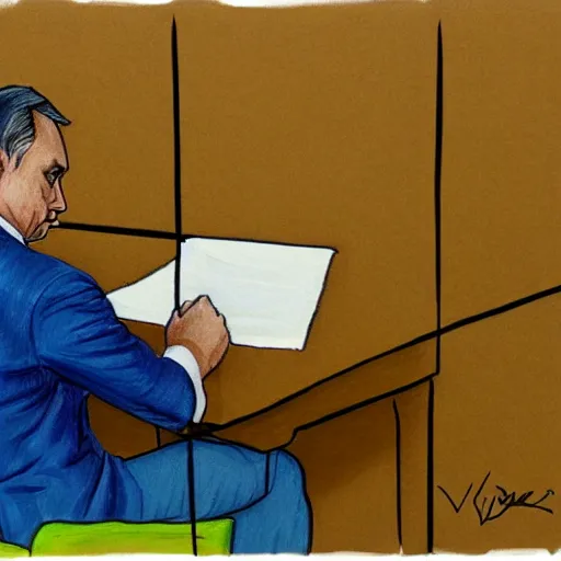 Image similar to viktor orban drawing doodles in a cubicle, oil painting