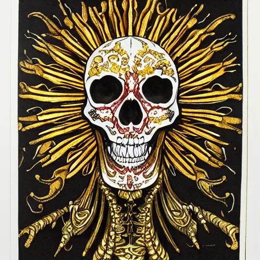 Prompt: Picture of an ornate and extravagant glowing skeleton. Lithograph with watercolor hand colored, gilded trim.