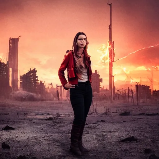 Image similar to rebel woman standing in front of a post apocalyptic city with burning red sky