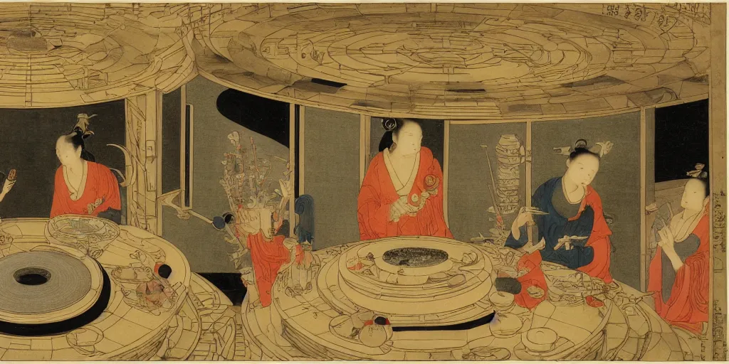 Prompt: Eating hot pot in the space station with Saturn outside the round window, in style of Tang Yin, Zhang Daqian, Yoshitomo Nara, surrealist