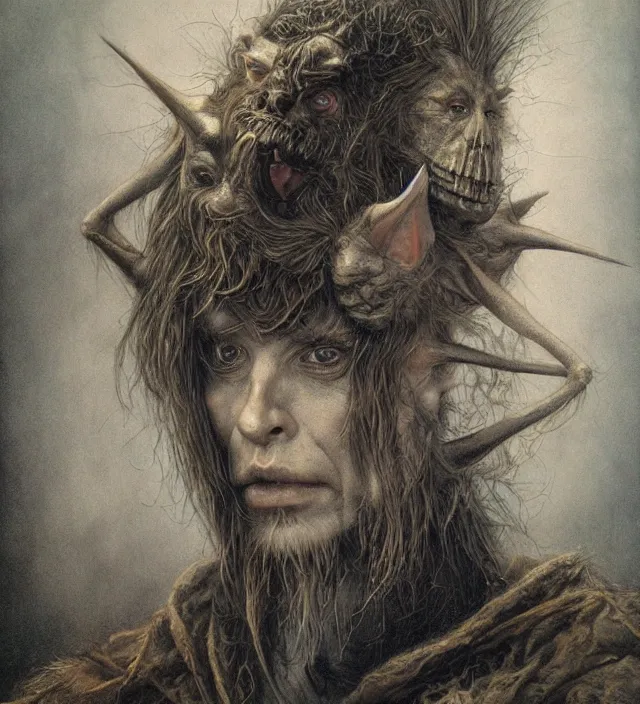 Image similar to hyper realistic portrait of goblin, cinematic, symmetric, dark crystal, alan lee, jean baptiste monge, brian froud scott radke