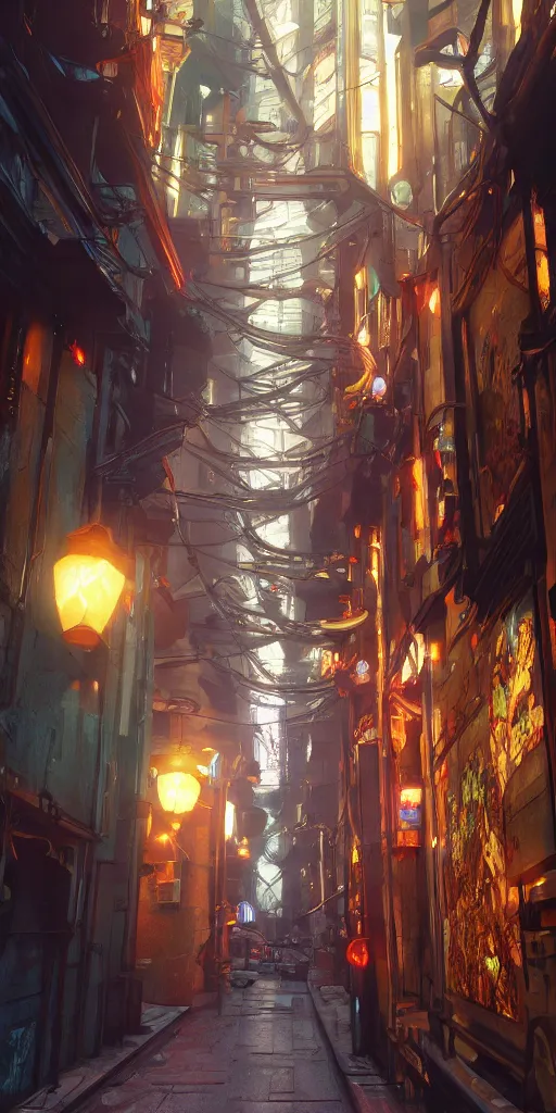 Prompt: cyberpunk alley, alphonse mucha, 8 k, raytracing, unreal engine 5,