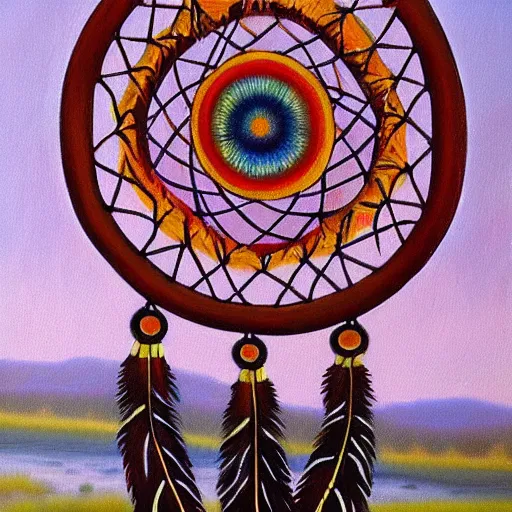 Image similar to dreamcatcher, nature, native american art, peaceful, beautiful, oil painting