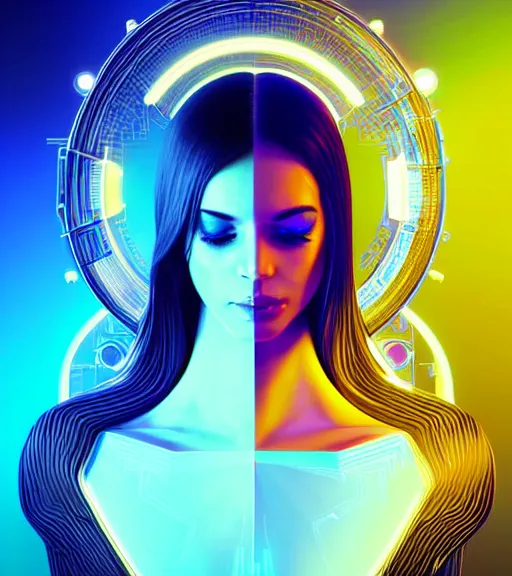 Image similar to symmetry!! latin princess of technology, solid cube of light, hard edges, product render retro - futuristic poster scifi, lasers and neon circuits, beautiful woman latin princess, intricate, elegant, highly detailed, digital painting, artstation, concept art, smooth, sharp focus, illustration, dreamlike, art by artgerm