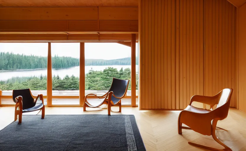 Prompt: luxurious wooden cottage by alvar aalto, modern furnished japanese living room, japanese flower arrangements, coherent composition, extremely detailed furnitures, architecture photography