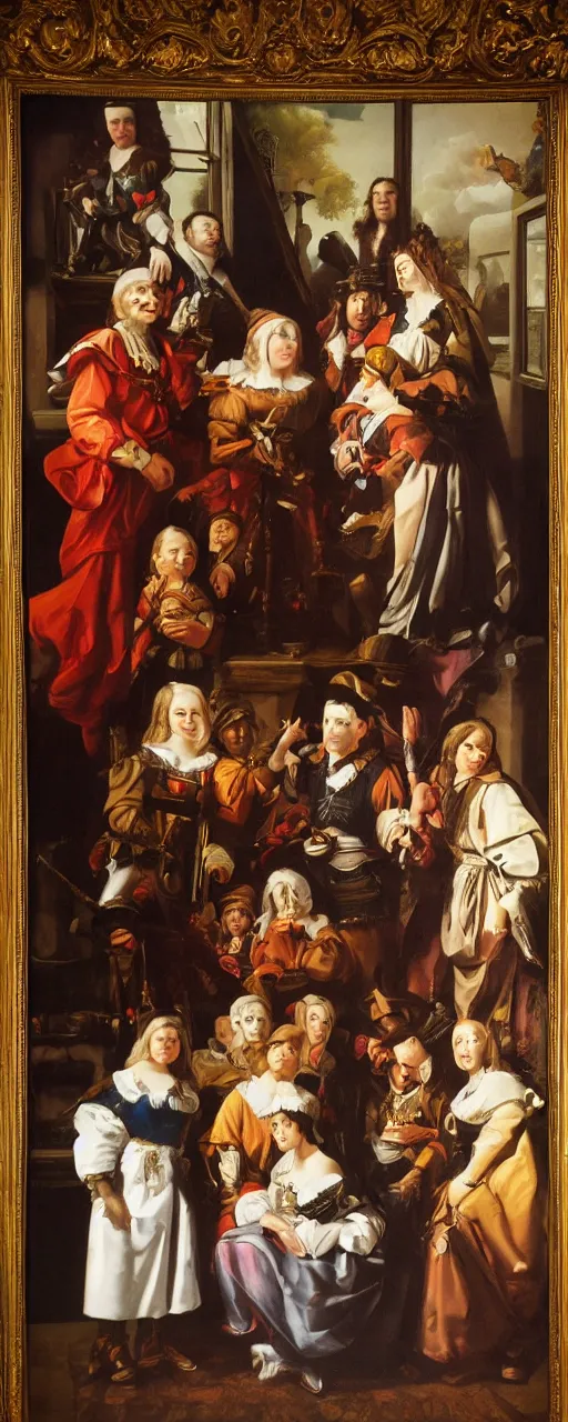 Image similar to oil paint border less of family portrait in the main room of the castle, dark room, one point of light trough a big window. baroque style 1 6 5 0, high details on clothes, realistic faces and expressions, space between subjects inspired by diego velasquez