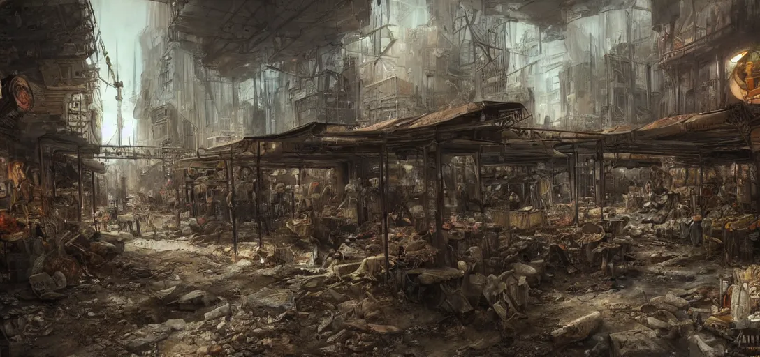 Prompt: post apocalyptic market in a subway track by eugene von guerard, ivan shishkin, dramatic lighting, concept art, trending on artstation