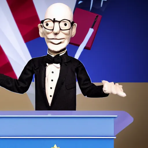 Prompt: puppeteer using marionette of a president in a podium