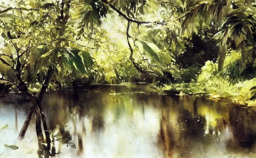 Image similar to oil painting lanscape by anders zorn, jungle nature, fruit trees, very very very very beautiful art, dramatic light, water reflections, aquarelle paint splashes, white canvas border