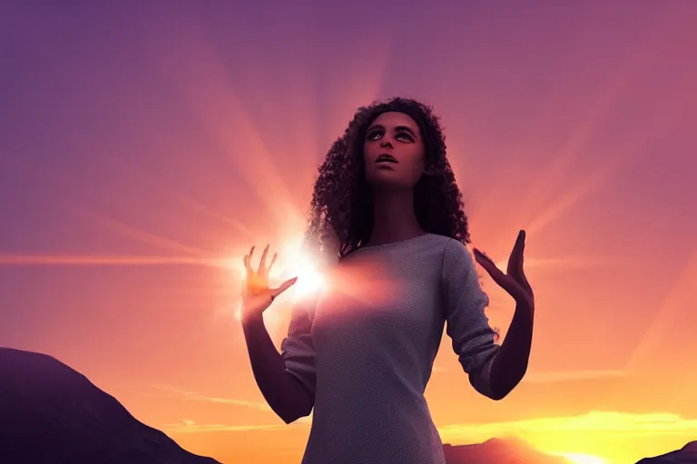 Prompt: a strange creature holding a source of light in her hands she is on top of a mountain, contemplating her existence in a beautiful sunset near dusk, realistic shading, cinematic composition,