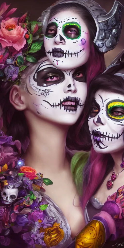 Image similar to uhd portrait photography mirror of jinx and teemo from league of legends with her face painted as in the dia de los muertos, coherent portraits, mmorpg fantasy, intricate, elegant, highly detailed, digital painting, trending on artstation, hdr photo, smooth, sharp focus, illustration, art by artgerm and greg rutkowski and alphonse mucha