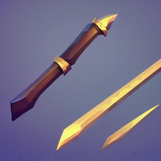 Image similar to black sword blade with golden hilt, icon, isometric, vector, low poly, blue background, cgsociety, volumetric lighting, artstation