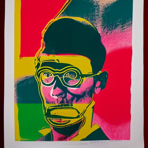 Image similar to silkscreen and lithography to create colorful cyborgs in the style of andy warhol