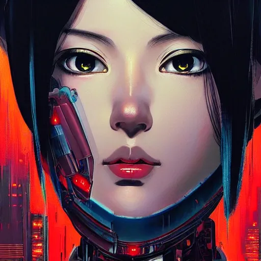 Image similar to A beautiful cyborg woman with big and cute eyes || ANIME, fine-face, red and black robotic parts, realistic shaded perfect face, fine details. Anime. realistic shaded lighting poster by Ilya Kuvshinov katsuhiro otomo ghost-in-the-shell, magali villeneuve, artgerm, Jeremy Lipkin and Michael Garmash, Rob Rey and Kentarõ Miura style, trending on art station