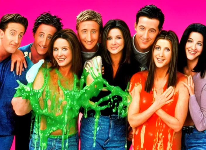 Image similar to the cast of friends getting slimed by nickelodeon