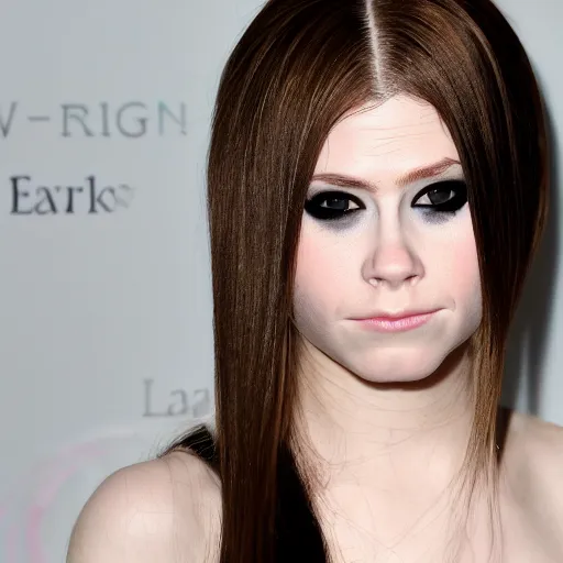 Image similar to semi - long light brunette, lop eared, black eye shadow, small nose, small mouth, triangle shaped face, avril lavigne face shape