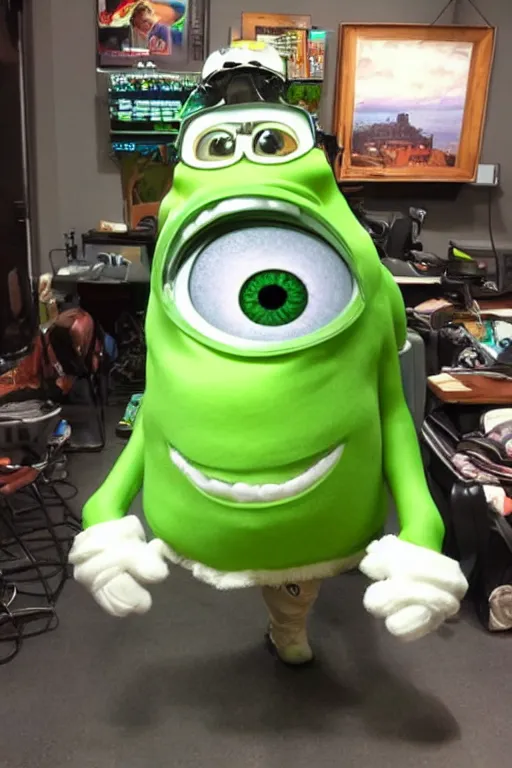 Image similar to a mix of mike wazowski and george clooney wearing a toga and helmet with goggles