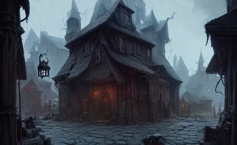 Image similar to epic concept art depicted an old medieval mystic town : : : art by jakub rebelka and tyler edlin : : : dramatic mood, overcast mood, dark fantasy environment : : : trending on artstation, unreal engine, hyperreal movie shot