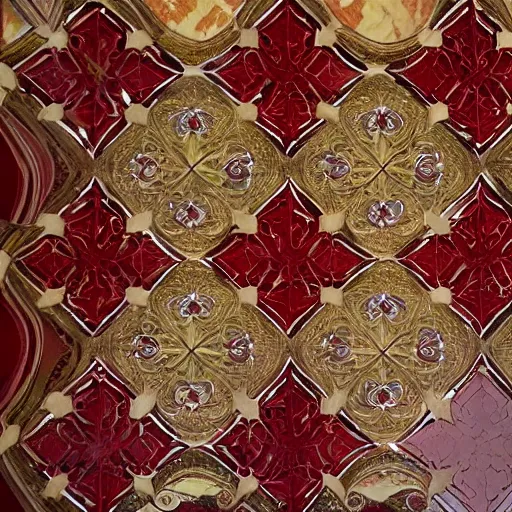 Prompt: an ornate pattern is defined by the reflection of red light on a white marble floor