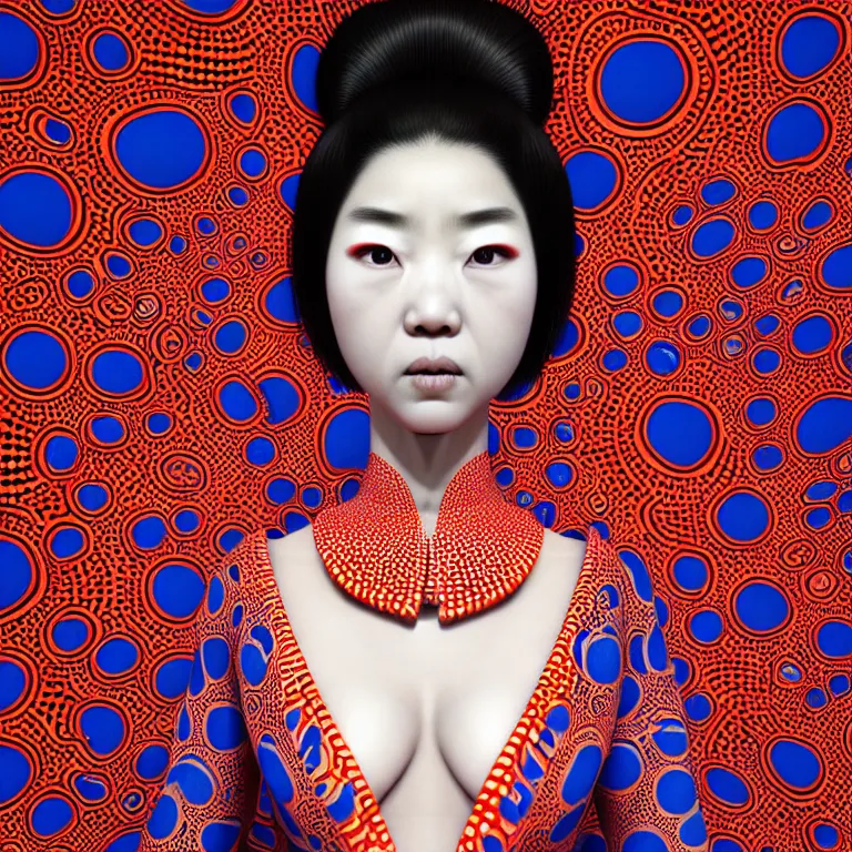 Image similar to hyperrealistic detailed image of a geisha in a art installation room, hd smooth interior by yayoi kusama, part by kei mieno, part by ross tran, dark art by james jean, ultra realistic, highly detailed, life like face, detailed body, 8 k, 3 d render by roger magrini, masterpiece