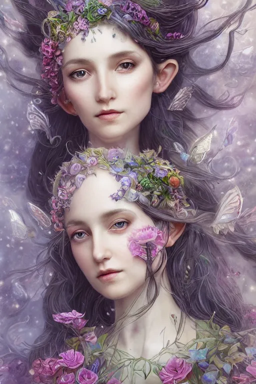 Image similar to a portrait of a beautiful elvish goddess with flowers in her hairs , fairy-like , 8k, highly detailed, sharp focus, ethereal clothes, astral environment, in style of Anna Dittmann and Mark Arial and Artgerm and Gerald Brom