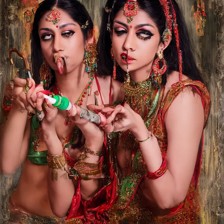 Prompt: bollywood hookah smoking nymphs, androgynous, sharp focus, neotenous, by chen man