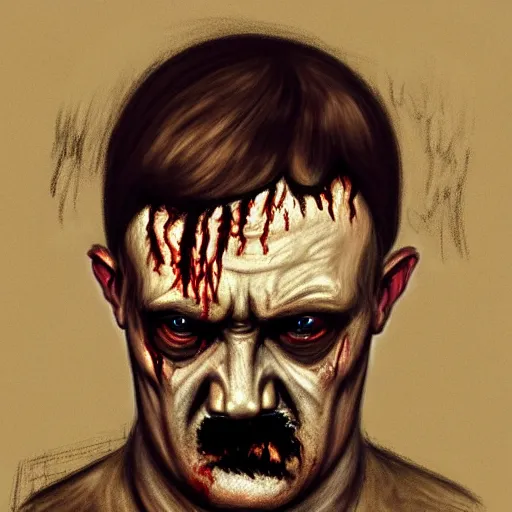 Prompt: head portrait of clothed adolf hitler as a zombie, 7 days to die zombie, gritty background, fine art, award winning, intricate, elegant, sharp focus, cinematic lighting, digital painting, 8 k concept art, art by michael hussar, art by brom, art by guweiz and z. w. gu, 8 k