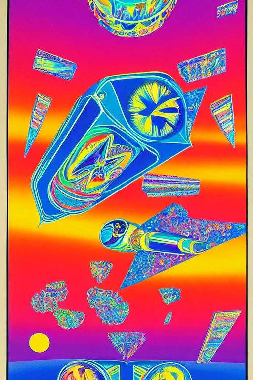 Prompt: very detailed symmetric!! 6 0 s artwork by peter max and bob masse of people flying admist huge crystal shards in space, hd, psychedelic, avalon ballroom poster