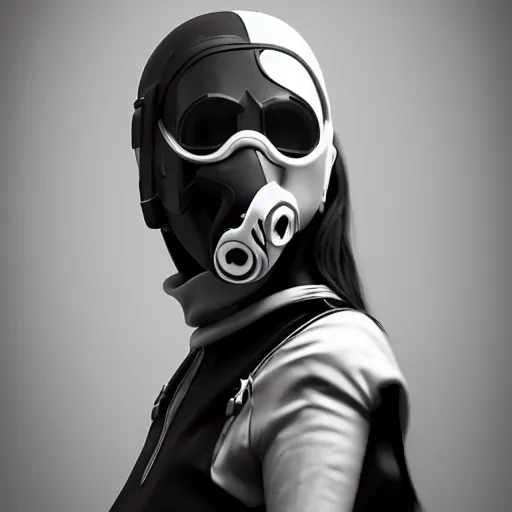 Image similar to a person in a black and white outfit with a mask on, cyberpunk art by ryusei kishida, featured on cgsociety, panfuturism, daz 3 d, 8 k 3 d, polycount