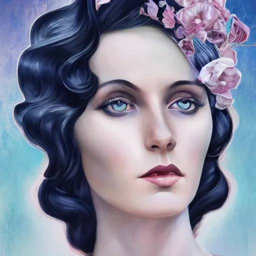 Prompt: an art nouveau, ( streamline moderne ), multi - racial portrait in the style of anna dittmann and charlie bowater and chanthara. very large, clear, expressive, and intelligent eyes. centered, ultrasharp focus, dramatic lighting, photorealistic digital matte painting, intricate symmetrical ultra detailed background.