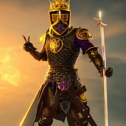 Image similar to a highly detailed knight with glowing purple eyes in a golden helmet and a golden crown with a diamond in the center, golden armor, leather clothes under the armor, leather gloves, holds a black sword, artstation, DeviantArt, professional, octane render, sunset lighting