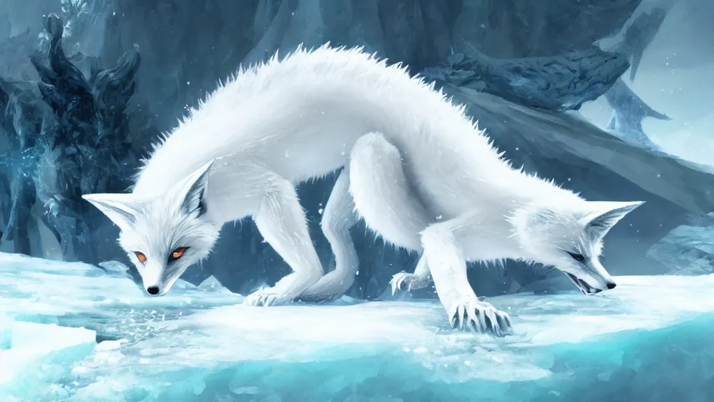 Prompt: white - haired anime fox lizard frozen in an ice floe, intricate, highly detailed, smooth, wide shot, artstation, digital illustration by ruan jia