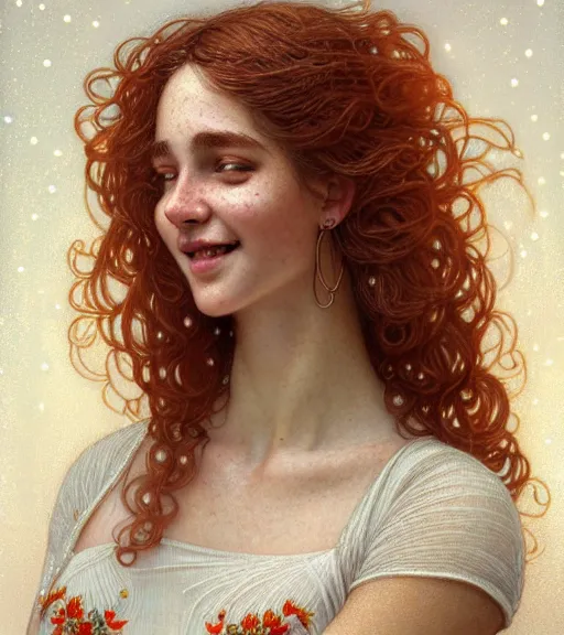 Image similar to portrait of teenage aphrodite, light freckles, curly copper colored hair, smiling kindly, wearing an embroidered white linen dress with lace neckline, intricate, elegant, mother of pearl jewelry, glowing lights, highly detailed, digital painting, artstation, concept art, smooth, sharp focus, illustration, art by wlop, mucha, artgerm, and greg rutkowski