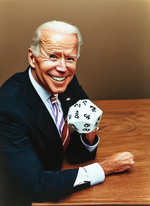 Prompt: a photograph of Joe Biden holding a d20 (20 sided dice), seated at a table, by A.M. Cassandre, medium format photography, Hasselblad, film