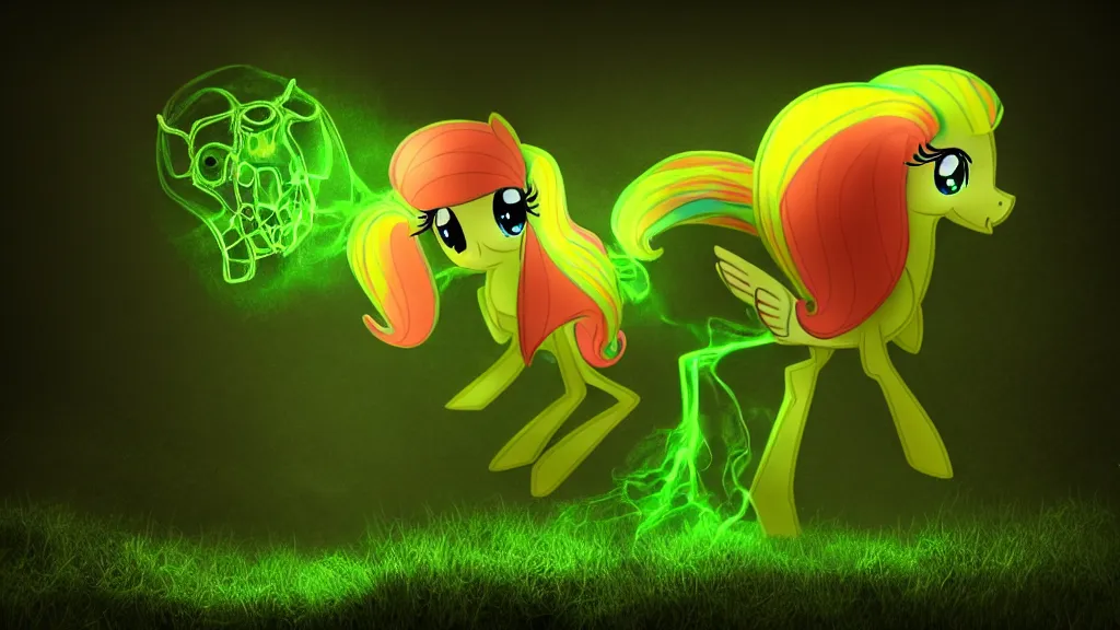 Image similar to 3D Fluttershy from My Little Pony as a necromancer, standing over a dead pony, bright green swirls coming up around her, glowing aura, pitch black background, dramatic and colorful lighting, she is surrounded by green chibi glowing skulls, smoke all around, unrealengine, 4k, HDR