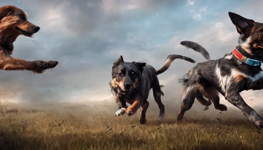 Prompt: Dog running on a battlefield, hyperdetailed, artstation, cgsociety, 8k