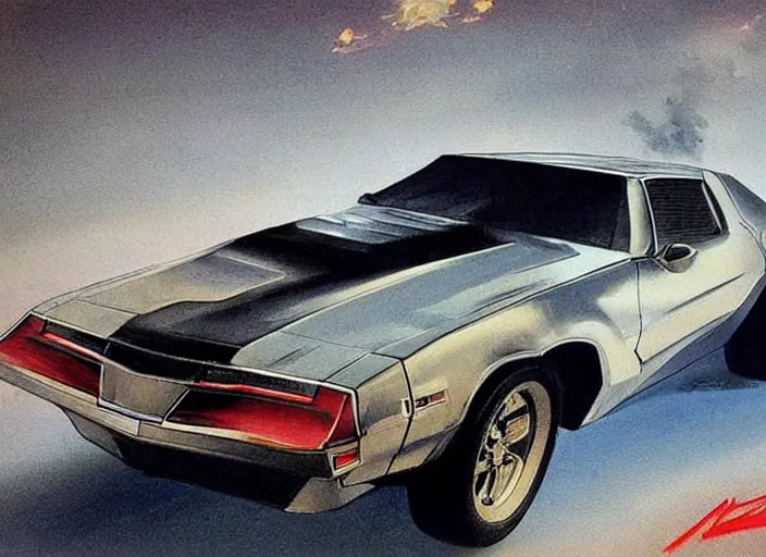 Image similar to ( ( ( ( ( knight rider kitt, car concept art, sci - fi illustration, painting, in the style of logan's run ) ) ) ) ) by vincent di fate and john berkey and 1 9 8 2 pontiac trans am!!!!!!!