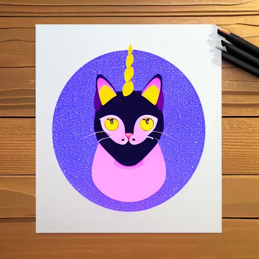 Prompt: a simplified vector based illustration about a very cuteunicorn cat, style of Akira motion movie, space colors, smooth and clean vector curves, no jagged lines, vinyl cut ready