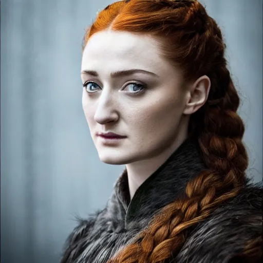 Image similar to portrait beautiful sansa stark, high detail, dark dramatic light