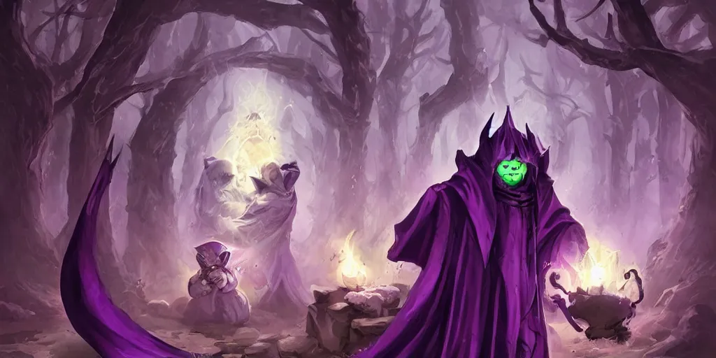 Image similar to cute purple cloaked lich summoning, illustration by Brom:5, cute:2, lich:-1
