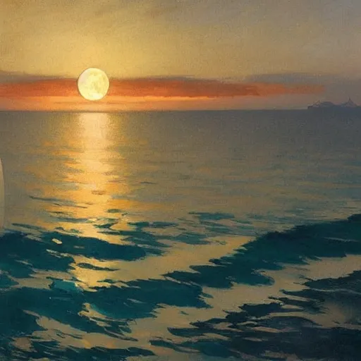 Prompt: NIGHT SEA, moon, DARK SCHEME, by studio ghibli painting,by Joaquin Sorolla rhads Leyendecker, by Ohara Koson and Thomas, cloud.