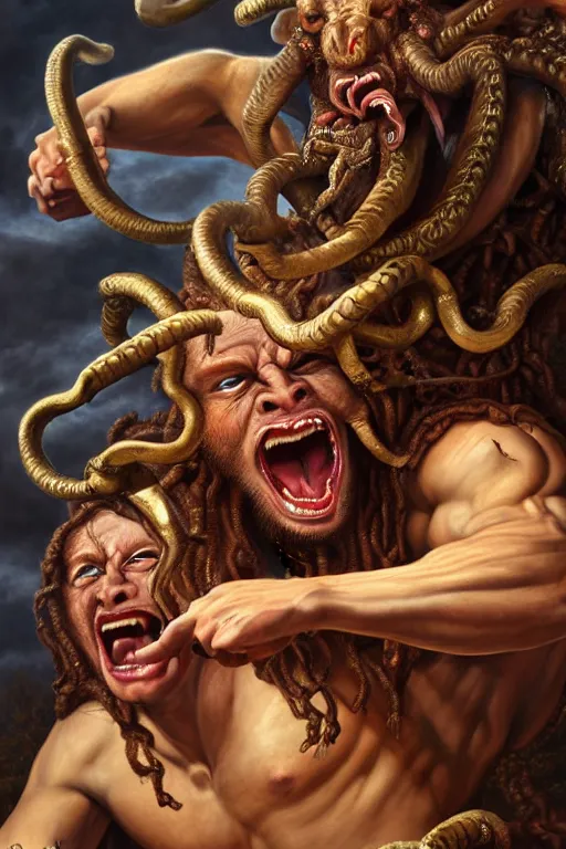 Image similar to minotaur vs medusa gorgon, realistic, detailed, highly detailed, hyper detailed, high definition, extremely detailed oil painting, beautiful composition, trending on artstation, award - winning photograph, masterpiece, intricate, portrait, 8 k highly professionally detailed, hdr, cgsociety