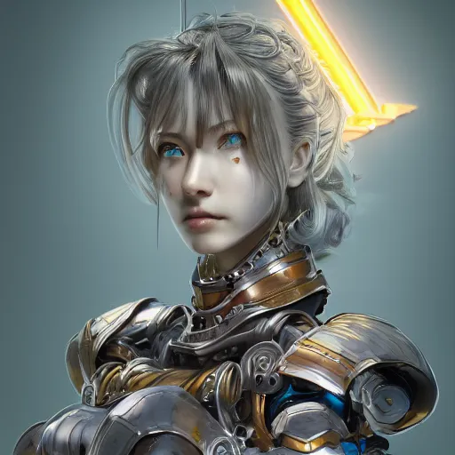 Image similar to studio portrait of lawful good colorful female holy mecha paladin absurdly beautiful, elegant, young sensual graceful woman, ultrafine hyperrealistic detailed face illustration by kim jung gi, irakli nadar, intricate linework, sharp focus, bright colors, matte, octopath traveler, final fantasy, unreal engine highly rendered, global illumination, radiant light, intricate environment